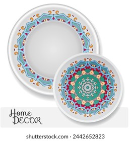 Platos decorativos con adornos de mandala coloridos. Decoración interior en estilo árabe étnico, indio, turco. Fondo de moda con plato ornamentado. Elementos de diseño aislados vectoriales