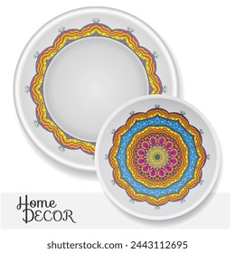 Decorative plates set with colorful mandala ornament. Interior decoration in ethnic arabic, indian, turkish style. Fashion background with ornate dish. Vector isolated design elements