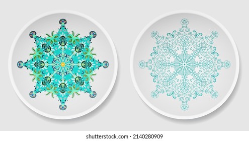 Platos decorativos decorados con un adorno redondo de estilo étnico. Patrón floral geométrico abstracto de Mandala circular. Fondo de moda con un plato ornamentado. Decoración interior del hogar, ilustración vectorial