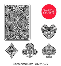 Decorative playing card suits set with hand drawn ornament isolated vector illustration