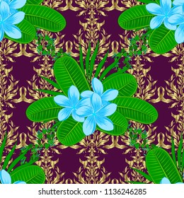 Decorative plumeria flowers repeating pattern. Vector illustration. Abstract elegance seamless pattern with floral motifs in green, blue and purple colors.