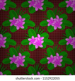Decorative plumeria flowers repeating pattern. Vector illustration. Elegance seamless pattern with floral motifs in brown, red and green colors.