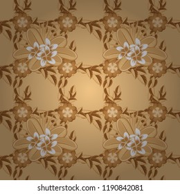 Decorative plumeria flowers repeating pattern. Vector illustration. Abstract elegance seamless pattern with floral motifs in brown, beige and orange colors.