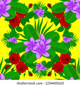 Decorative plumeria flowers repeating pattern. Vector illustration. Abstract elegance seamless pattern with floral motifs in yellow, red and green colors.