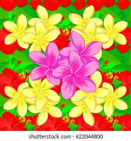 Decorative plumeria flowers repeating pattern. Vector illustration. Abstract elegance seamless pattern with floral motifs on a green background.