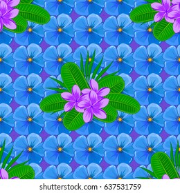 Decorative plumeria flowers repeating pattern. Vector illustration. Abstract elegance seamless pattern with floral motifs on a violet background.