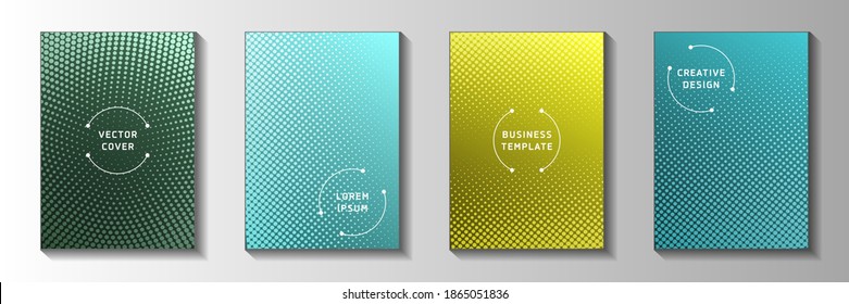 Decorative point faded screen tone front page templates vector batch. Medical journal perforated screen tone backgrounds. Retro cartoon comics style cover layouts. Round pixels.