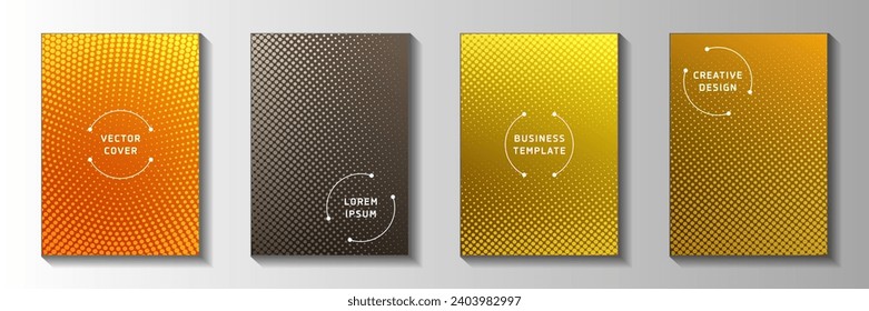 Decorative point faded screen tone front page templates vector series. Geometric magazine perforated screen tone backdrops. Vintage cartoon comics style title page layouts. Optical effects.