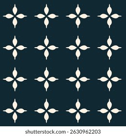 Decorative Pointed Tapered Star Petal Cross Batik Motif Seamless Pattern in Deep Teal Background. 