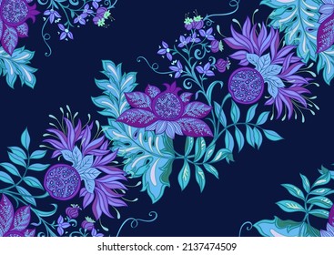 Decorative pomegranate fruits and flowers in art nouveau style, vintage, old, retro style. Seamless pattern, background. Vector illustration.