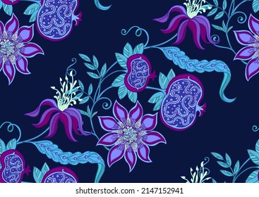 Decorative pomegranate fruits and flowers in art nouveau style, vintage, old, retro style. Seamless pattern, background. Vector illustration.