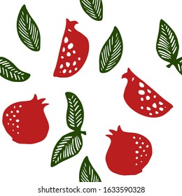 decorative pomegranate pattern. White background. For magazines, advertising, social media, stationary, fabric. Hand drawn shapes.