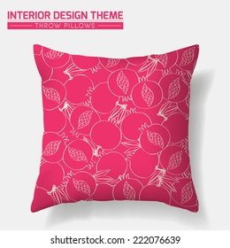 Decorative Pomegranate Throw Pillow design template in pink. Original Pomegranate pattern is masked. Modern interior design element. Creative Sofa Toss Pillow. Vector design is layered, editable. 