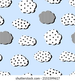Decorative pop art clouds texture. Vector seamless pattern white cloud decorated polka dot, stripes, stars. Retro 90s 80 s style abstract print