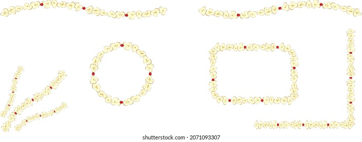 Decorative popcorn borders, frames and ornaments. Christmas clip art design. Vector traditional xmas elements isolated on white background.