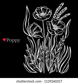 Decorative poppy flowers, design elements. Can be used for cards, invitations, banners, posters, print design. Floral background in line art style