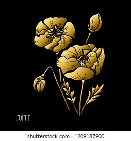 Decorative poppy  flowers, design elements. Can be used for cards, invitations, banners, posters, print design. Golden flowers
