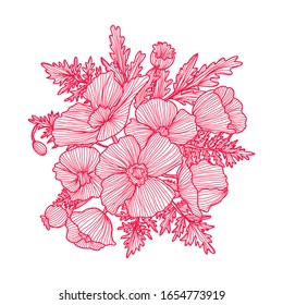 Decorative poppy flowers, design elements. Can be used for cards, invitations, banners, posters, print design. Floral background in line art style