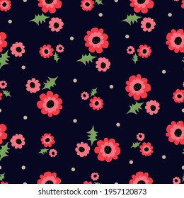 Decorative poppy flowers pattern. Endless vector texture on blue background. Print for textile, fabric, wrapping paper, bed linen