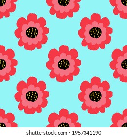 Decorative poppy flowers pattern. Imitation of woven technic. Endless vector texture on blue background. Print for textile, fabric, wrapping paper, bed linen