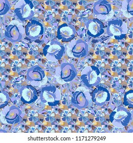 Decorative poppy flowers repeating pattern. Vector illustration. Abstract elegance seamless pattern with floral motifs in blue, beige and violet colors.