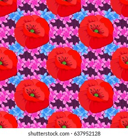 Decorative poppy flowers repeating pattern. Vector illustration. Abstract elegance seamless pattern with floral motifs on a purple background.