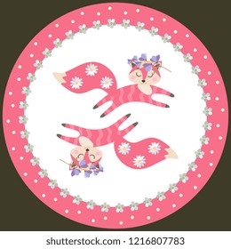 Decorative porcelain plate for children. Little funny pink foxes are chasing each other. Beautiful collection.