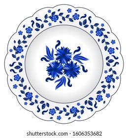 Decorative porcelain plate ornate with floral pattern. Isolated object, design elements i in traditional style, cornflowers and leaves, blue on white, top view. Vector illustration