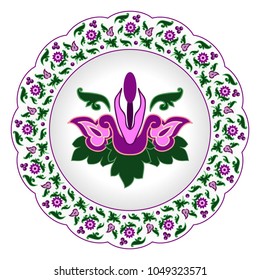 Decorative porcelain plate ornate in traditional oriental Indian style with exotic colorful flowers. Vector illustration, isolated object