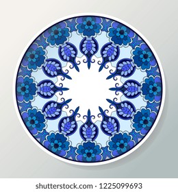 Decorative porcelain plate with round ethnic ornament. Mandala in blue colors. Interior decoration. Vector illustration.