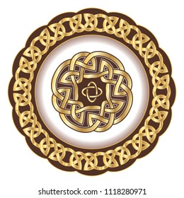 Decorative porcelain plate for table asset ornate with pattern in traditional Celtic style. Celtic knots, Celtic borders, Celtic ornament. Isolated object, vector illustration