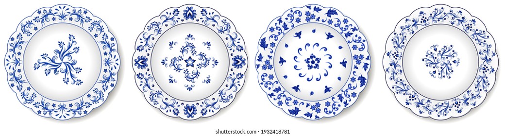 Decorative porcelain plates with blue on white pattern. Chinese style design, abstract floral ornament. Set of isolated objects. Vector illustration