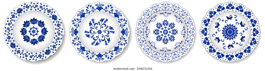 Decorative porcelain plates with blue on white pattern. Chinese style design, abstract floral ornament. Set of isolated objects. Vector illustration