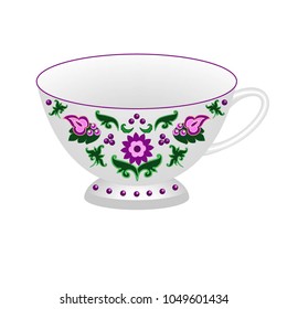 Decorative porcelain tea cup ornate in traditional oriental Indian style. Isolated tea cup with colorful exotic floral pattern. Vector illustration