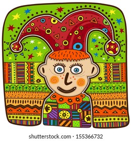 Decorative portrait of a clown in a red cap.
