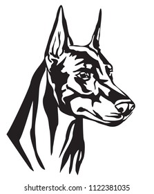 Decorative portrait of Dog Dobermann, vector isolated illustration in black color on white background. Image for design and tattoo. 