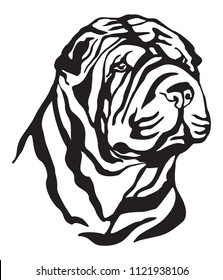 Decorative portrait of Dog Shar Pei, vector isolated illustration in black color on white background. Image for design and tattoo. 