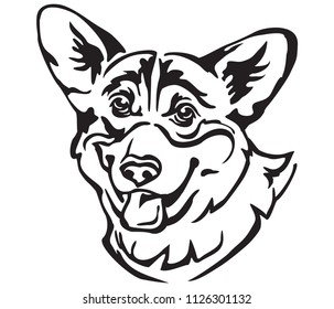 Decorative portrait of Dog Welsh Corgi, vector isolated illustration in black color on white background. Image for design and tattoo. 