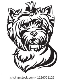 Decorative portrait of Dog Yorkshire Terrier, vector isolated illustration in black color on white background. Image for design and tattoo. 