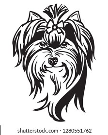 Decorative portrait of Dog Yorkshire Terrier, vector isolated illustration in black color on white background. Image for design and tattoo. 