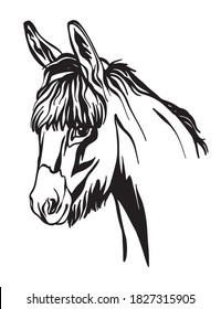 Decorative portrait of donkey vector illustration in black color isolated on white background. Engraving template image for design, print and tattoo.
