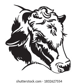 Decorative portrait of fluffy cow portrait vector illustration in black color isolated on white background. Engraving template image of bull for label, logo, design, packaging, print and tattoo.