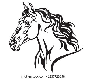 Decorative portrait in profile of beautiful running horse with long mane, isolated vector illustration in black color on white background. Image for design and tattoo. 