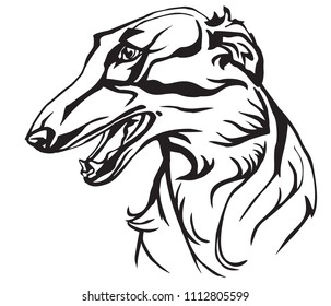 Decorative portrait in profile of dog Russian Wolfhound, vector isolated illustration in black color on white background