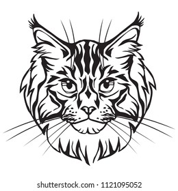 Decorative portrait in profile of Maine Coon Cat, vector isolated illustration in black color on white background