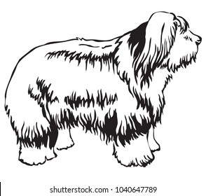 Decorative portrait of standing in profile Dog Old English Sheepdog, vector isolated illustration in black color on white background