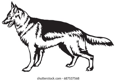 Decorative portrait of standing in profile german shepherd, vector isolated illustration in black color on white background