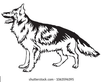 Decorative portrait of standing in profile longhaired German Shepherd, vector isolated illustration in black color on white background