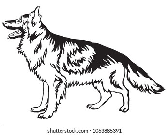 Decorative portrait of standing in profile longhaired German Shepherd, vector isolated illustration in black color on white background