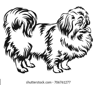 Decorative portrait of standing in profile Pekingese, vector isolated illustration in black color on white background